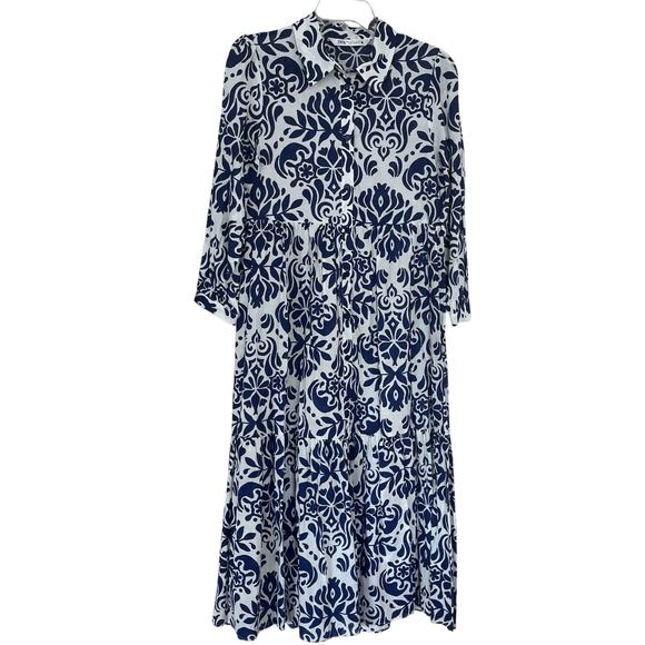 Zara Navy White Damask Print A-Line Long Sleeve Midi Shirt Dress Size Small - Picture 2 of 7